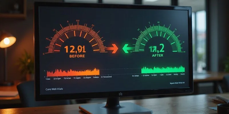 Before and after Core Web Vitals optimization showing improved scores for a roofing company website