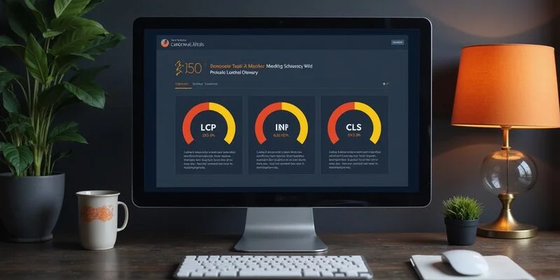 Core Web Vitals metrics dashboard showing LCP, INP, and CLS scores for a roofing website